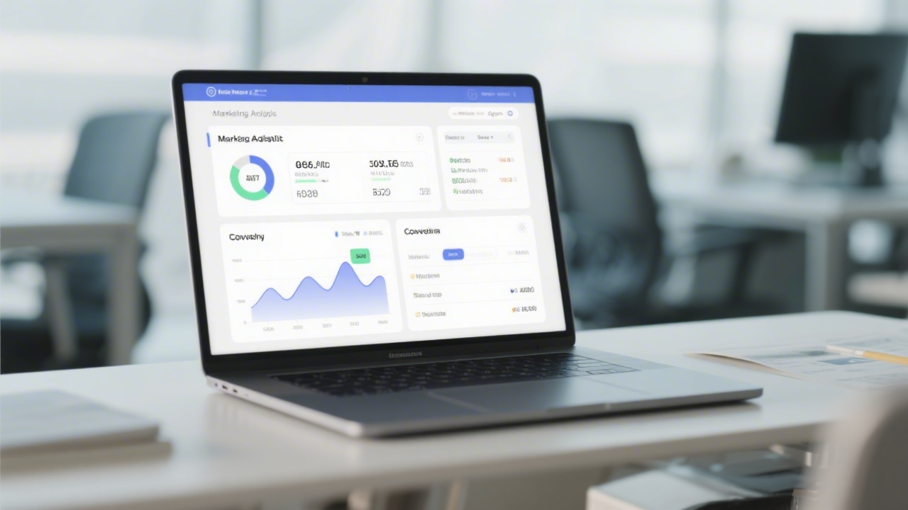 Laptop screen showing simple marketing analytics dashboard with charts and conversion data, realistic office background, focus on practical measurement and data-driven decisions.