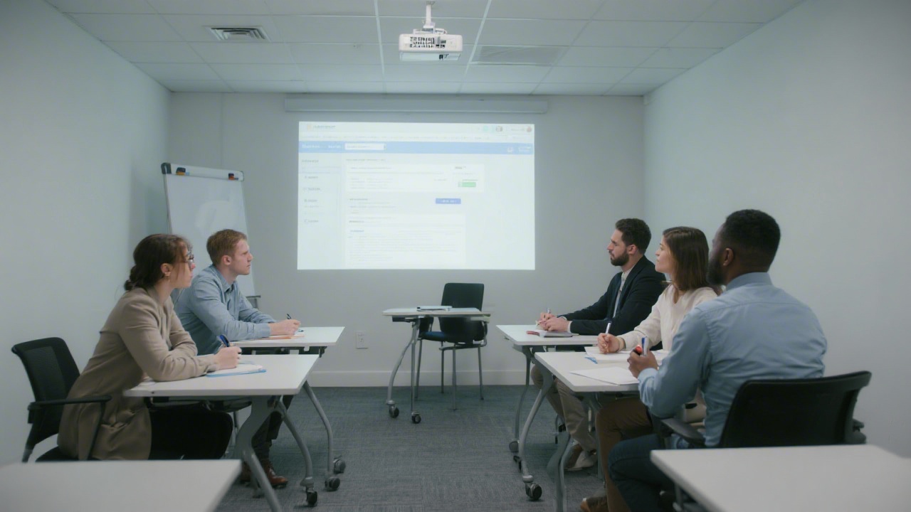 Small group in a training room with projector showing web layout, participants taking notes, calm educational atmosphere with modern furniture and technology.