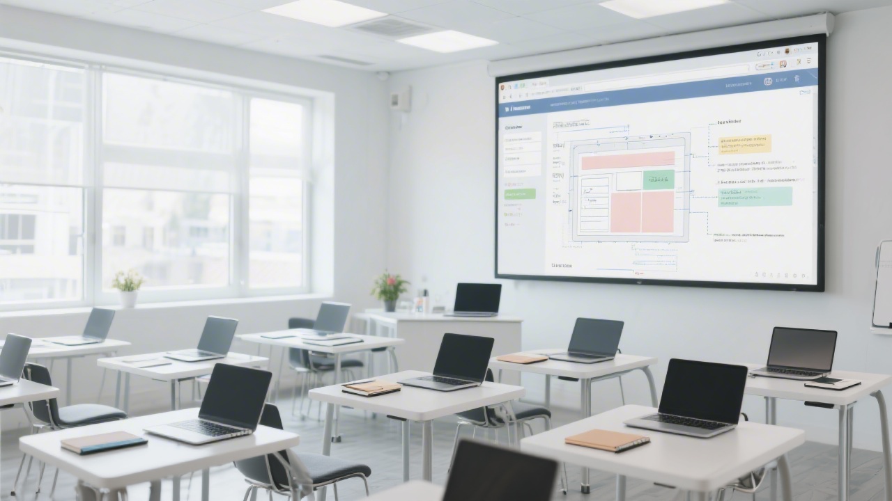Bright modern training space with laptops, notebooks and large screen showing web layout planning, clean design aesthetic, professional workshop atmosphere with natural light.