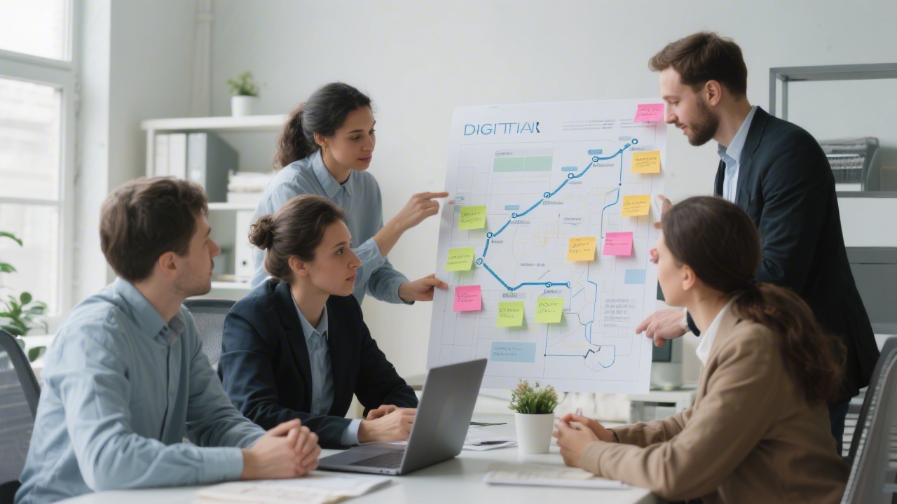 Team reviewing a printed digital roadmap with sticky notes and laptop, clear planning session, realistic office environment, focus on structured milestones and collaborative decision making.